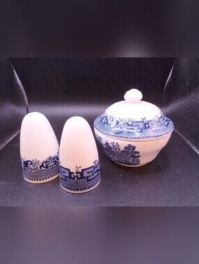 Churchill England Blue Willow Salt/Pepper &Sugar Bowl W Lid